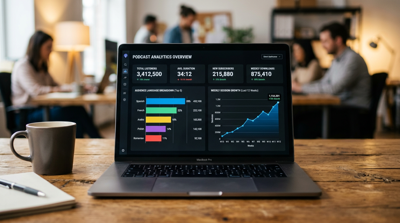 Analytics dashboard on laptop showing listener counts, language breakdown charts, and weekly growth graph