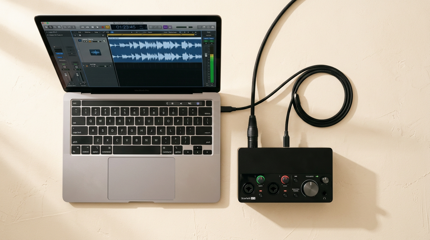Laptop connected to USB audio interface — the hardware setup for Church Translation Live