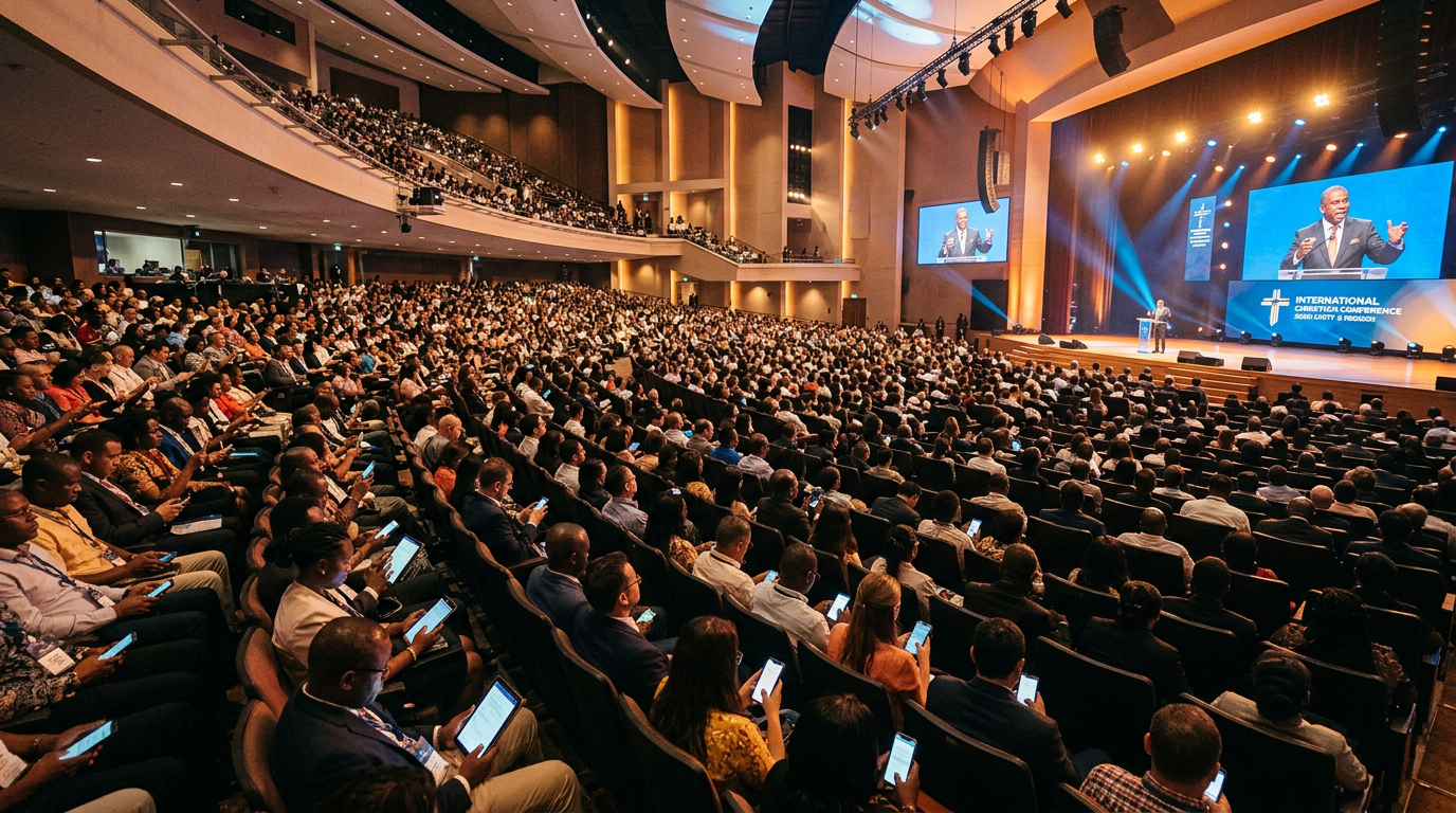 Large international Christian conference with thousands of diverse attendees, many looking at phones
