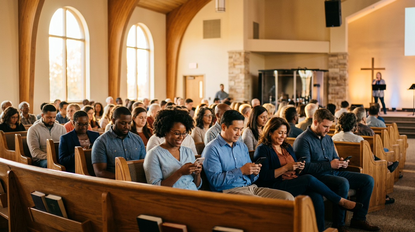 Diverse congregation in a church sanctuary, members of different ethnicities following the service on their phones