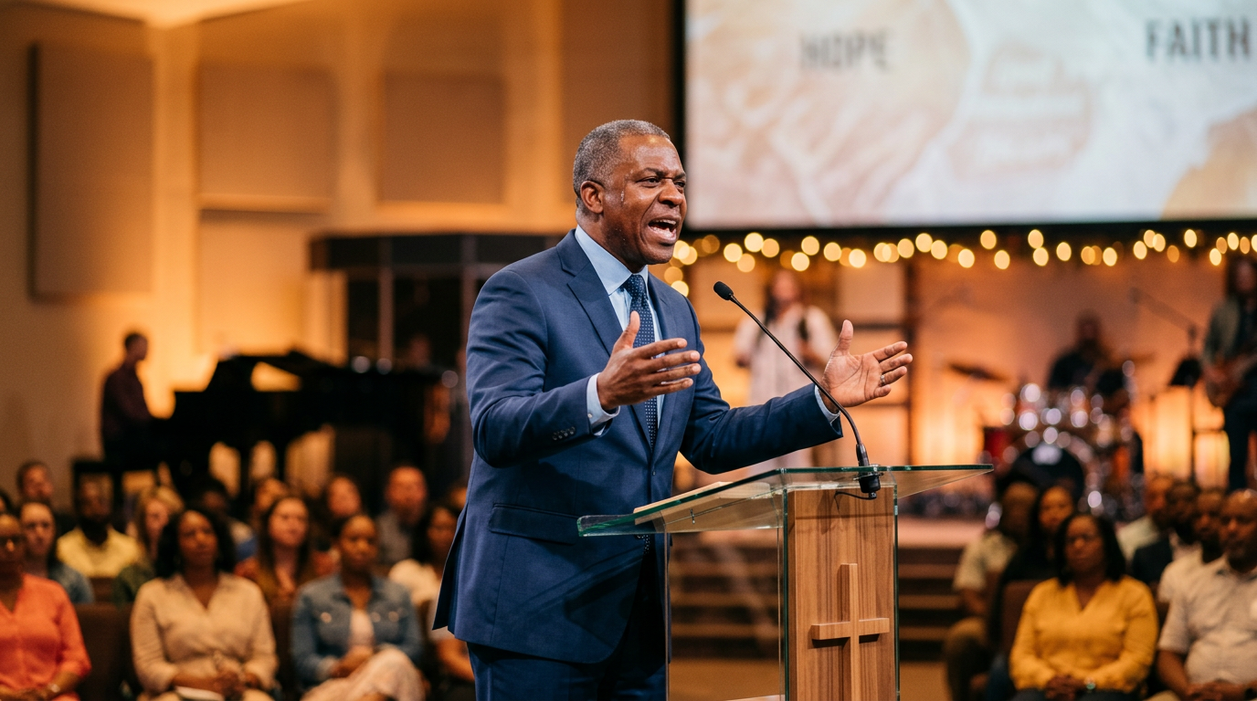 Pastor preaching with passion at a modern church pulpit, congregation visible behind