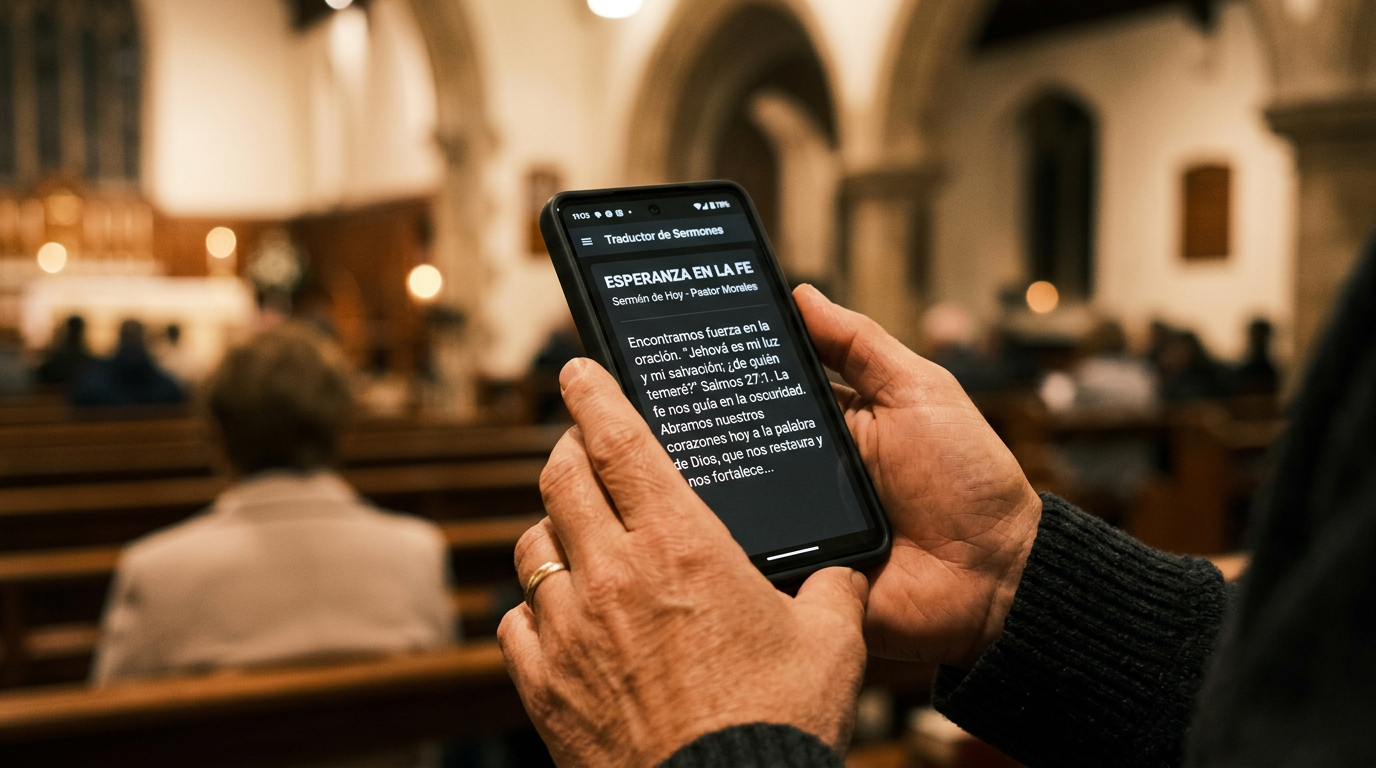 Person in church pew holding phone showing translated sermon text in Spanish