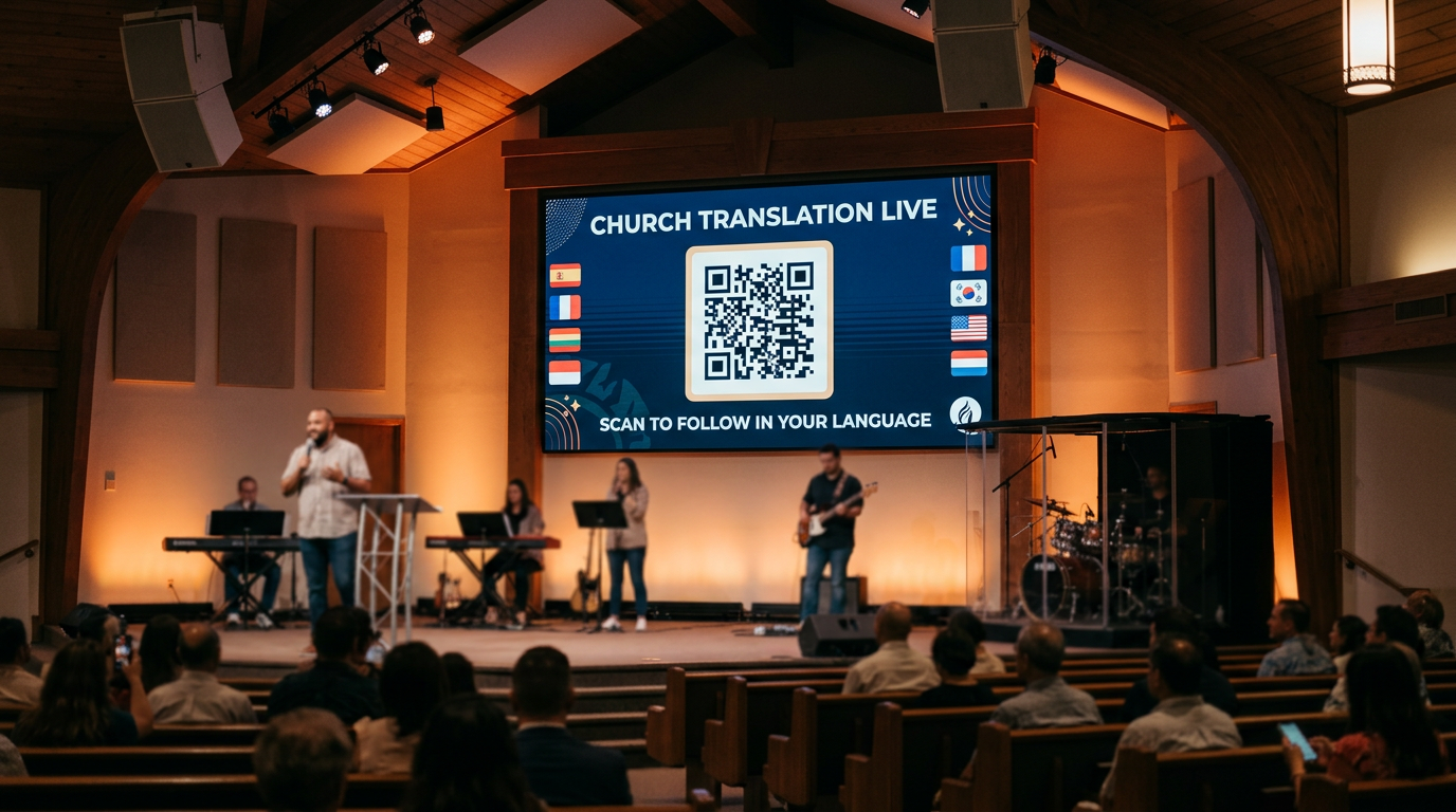 Church screen showing the Church Translation Live QR code with 'Scan to follow in your language' instruction