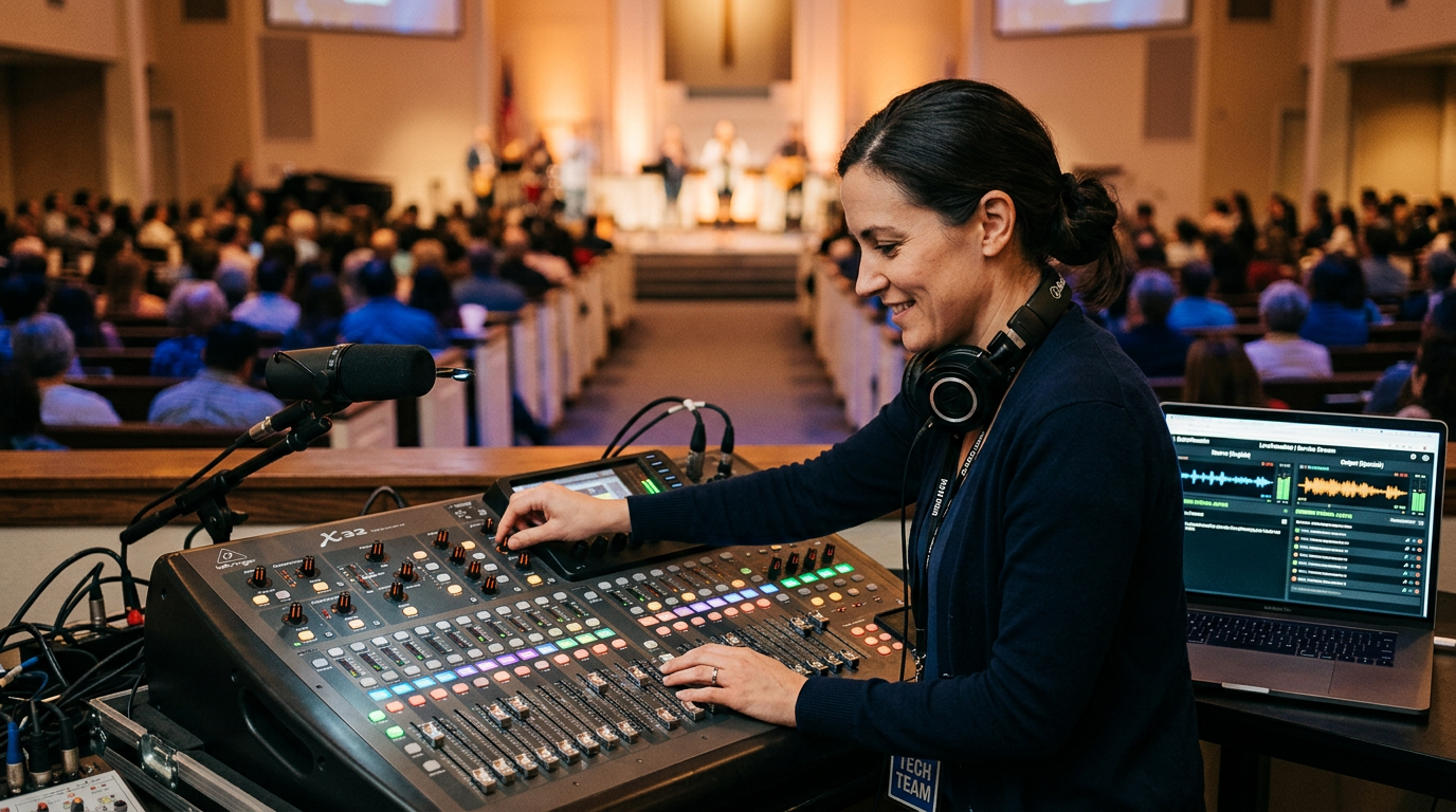 Church audio-visual volunteer at the sound desk with a laptop showing the Church Translation Live dashboard, congregation visible in the background